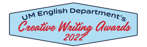 A blue sign that says "Creative Writing Awards 2022"